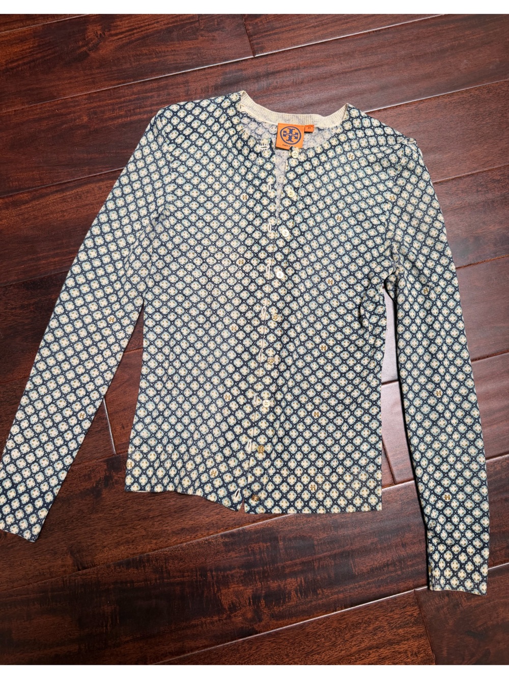 Tory Burch Navy teal Cream round neck gold buttons Open-Front Jacket XS